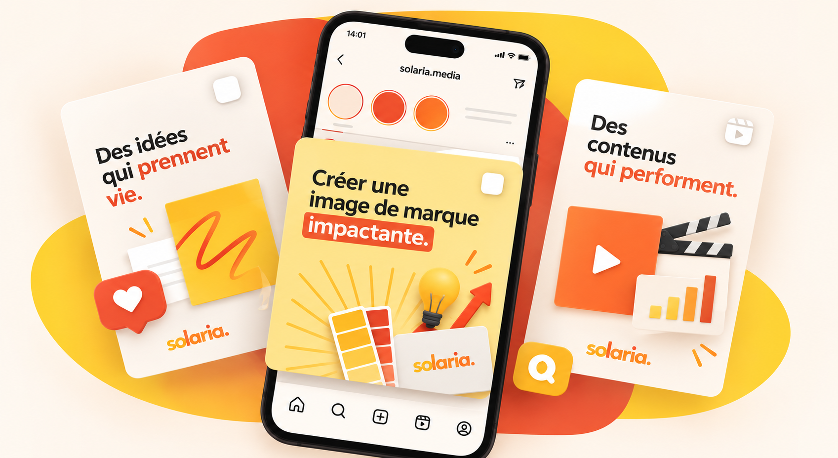 Composition visuelle fournie pour Solaria Media : publications, identité graphique et supports digitaux