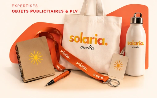 Visuel fourni de sacs, gourdes et objets publicitaires aux couleurs de Solaria